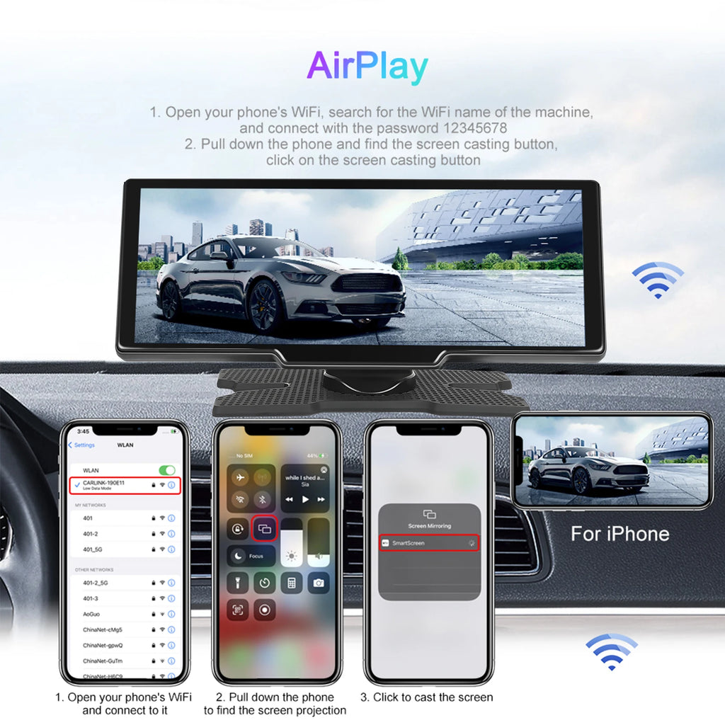 Podofo Wireless Carplay Android Auto Portable Digital Dashboard 10.26 Inch Smart Player With Voice Control Foward Camera BT