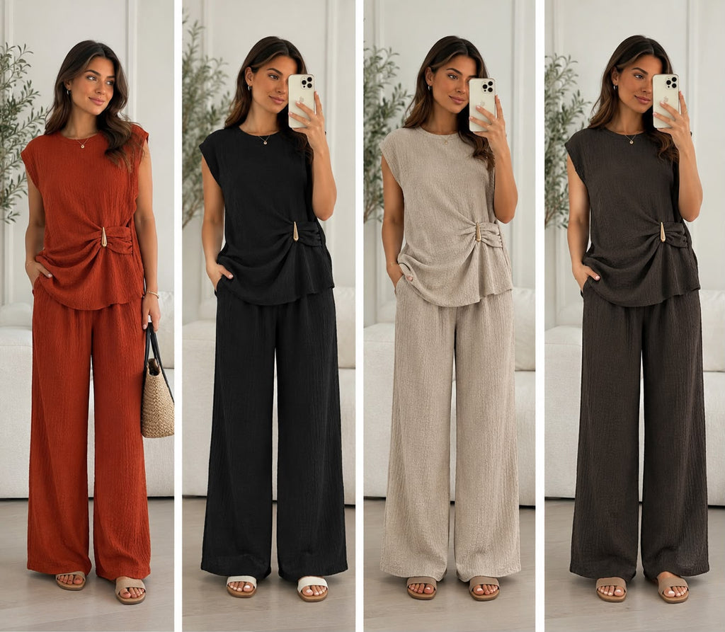 Women's Two-Piece Co-Ord Set – Side Buckle Crinkle Top & Wide Leg Trousers