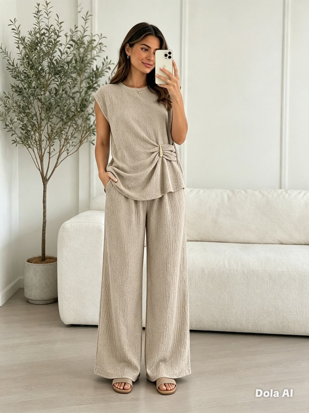 Women's Two-Piece Co-Ord Set – Side Buckle Crinkle Top & Wide Leg Trousers