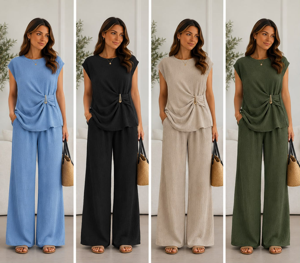 Women's Two-Piece Co-Ord Set – Side Buckle Crinkle Top & Wide Leg Trousers