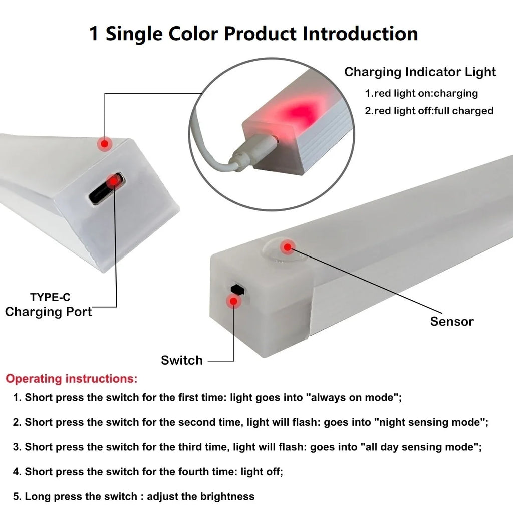Wireless USB Rechargeable Motion Sensor LED Bar Light Induction Night Light Portable Cordless Magnetic Cabinet Lamp for Kitchen