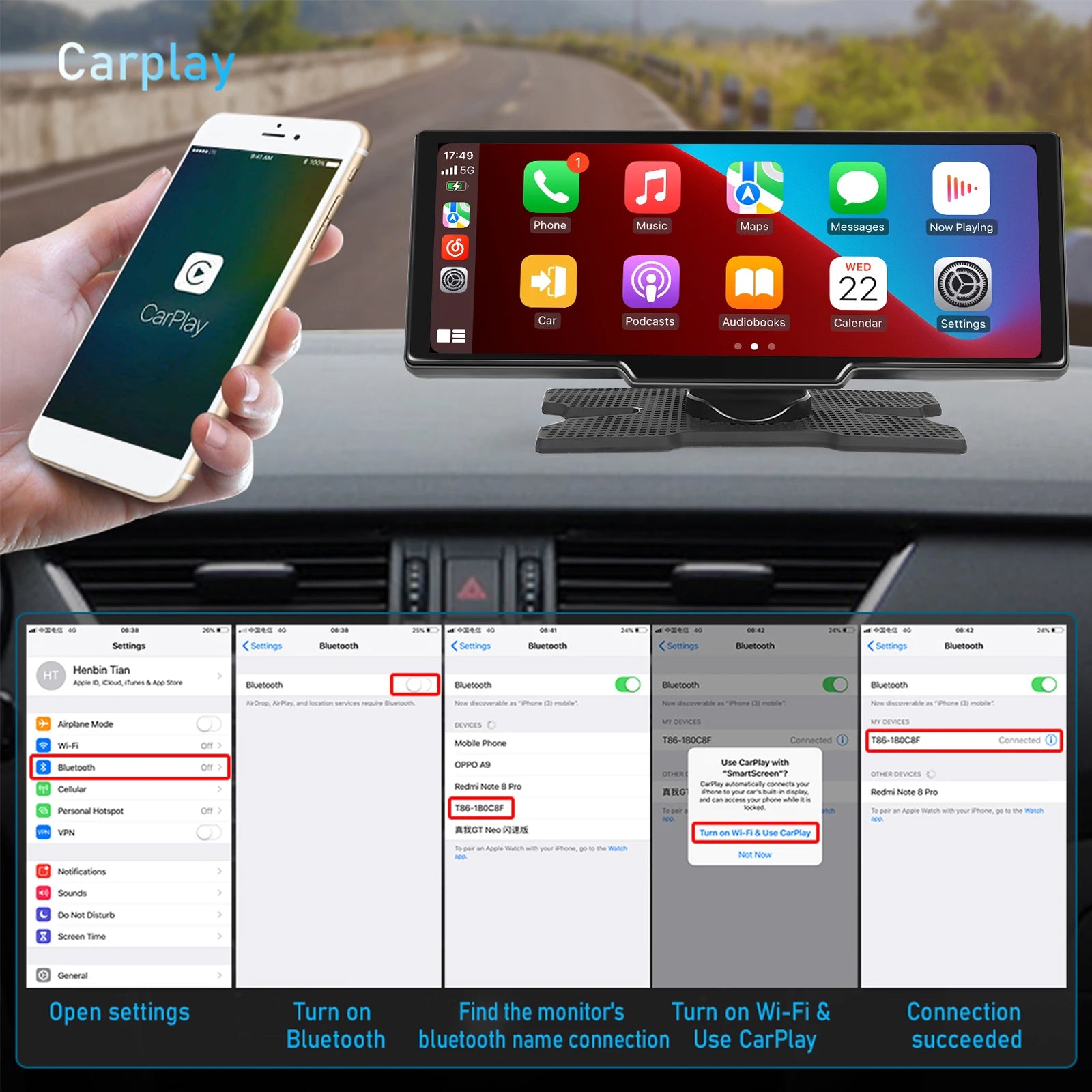 Podofo Wireless Carplay Android Auto Portable Digital Dashboard 10.26 Inch Smart Player With Voice Control Foward Camera BT