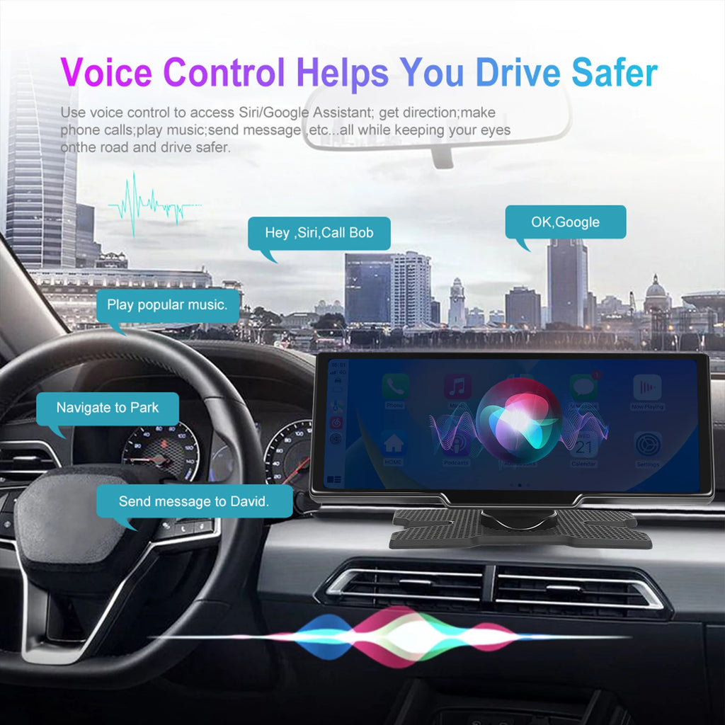 Podofo Wireless Carplay Android Auto Portable Digital Dashboard 10.26 Inch Smart Player With Voice Control Foward Camera BT