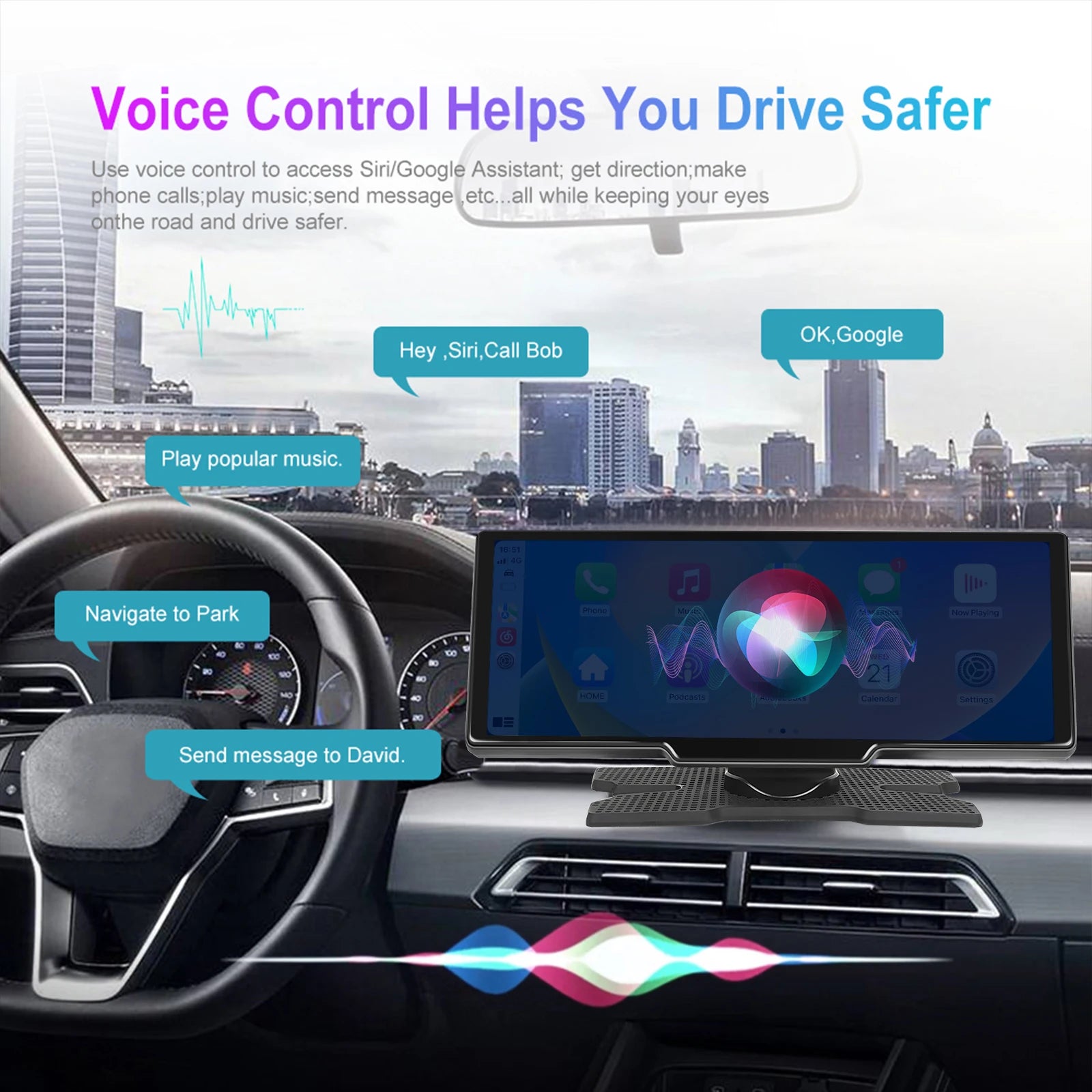 Podofo Wireless Carplay Android Auto Portable Digital Dashboard 10.26 Inch Smart Player With Voice Control Foward Camera BT