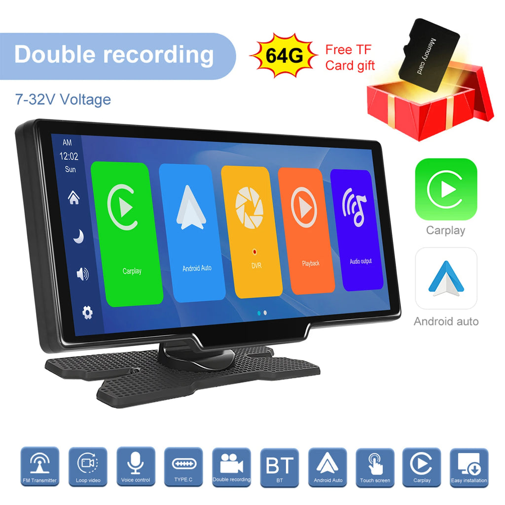 Podofo Wireless Carplay Android Auto Portable Digital Dashboard 10.26 Inch Smart Player With Voice Control Foward Camera BT