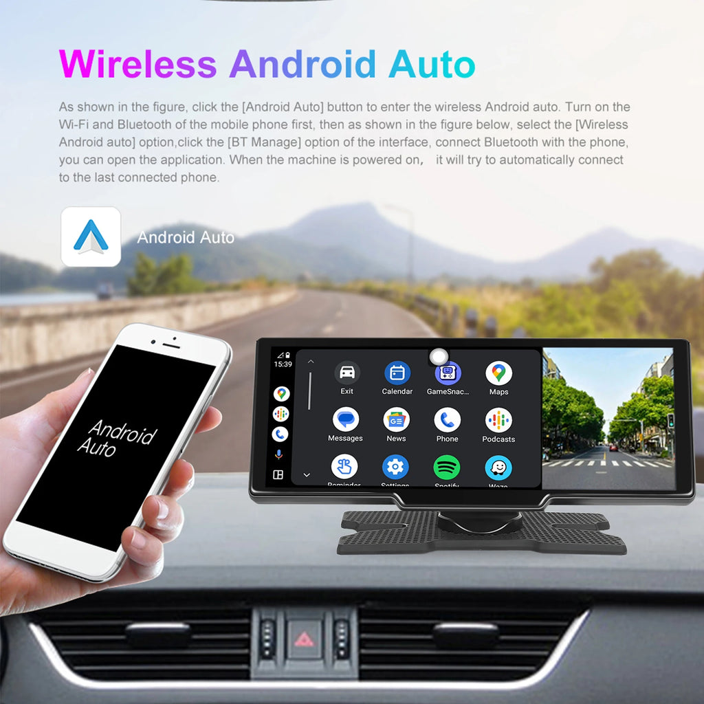 Podofo Wireless Carplay Android Auto Portable Digital Dashboard 10.26 Inch Smart Player With Voice Control Foward Camera BT
