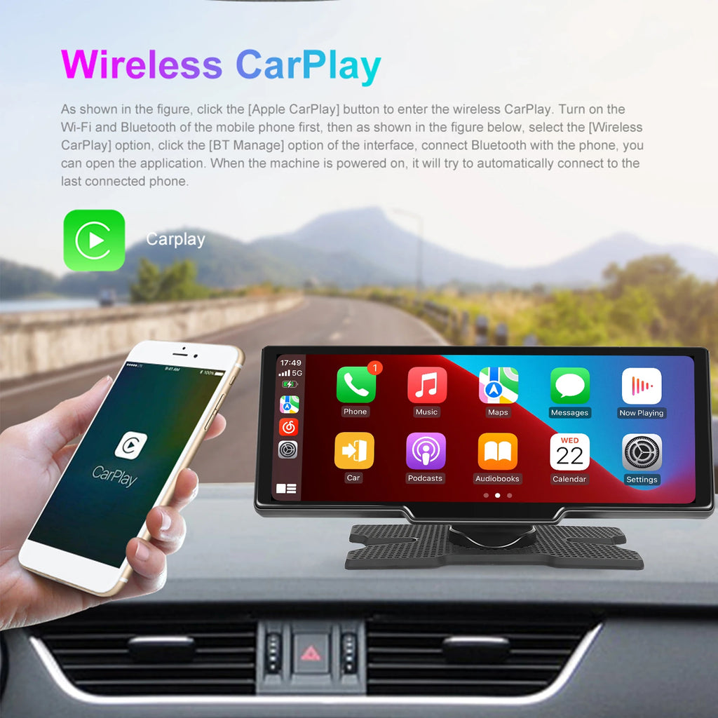 Podofo Wireless Carplay Android Auto Portable Digital Dashboard 10.26 Inch Smart Player With Voice Control Foward Camera BT