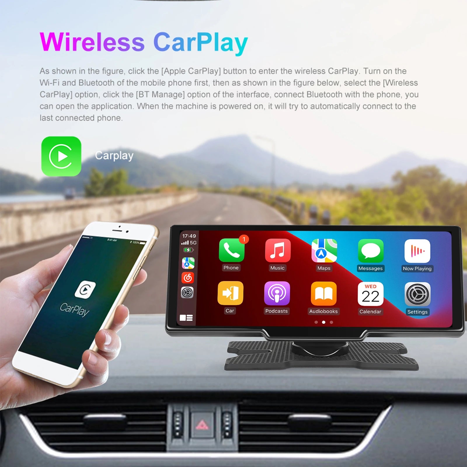 Podofo Wireless Carplay Android Auto Portable Digital Dashboard 10.26 Inch Smart Player With Voice Control Foward Camera BT