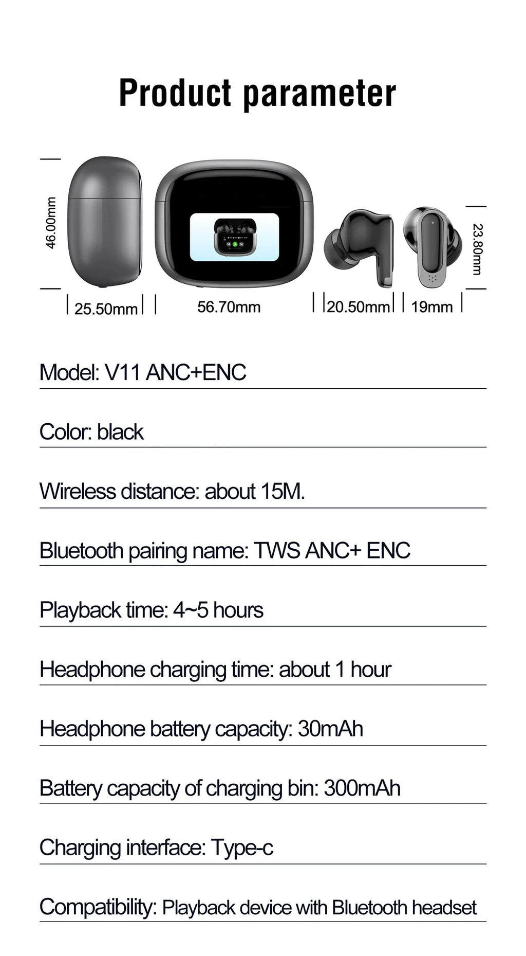 BOSECXT Ultra V11 Smart Touch Multi functional Large Screen TWS Wireless ANC Noise Cancelling Earbuds Enc Heavy Bass Earbuds