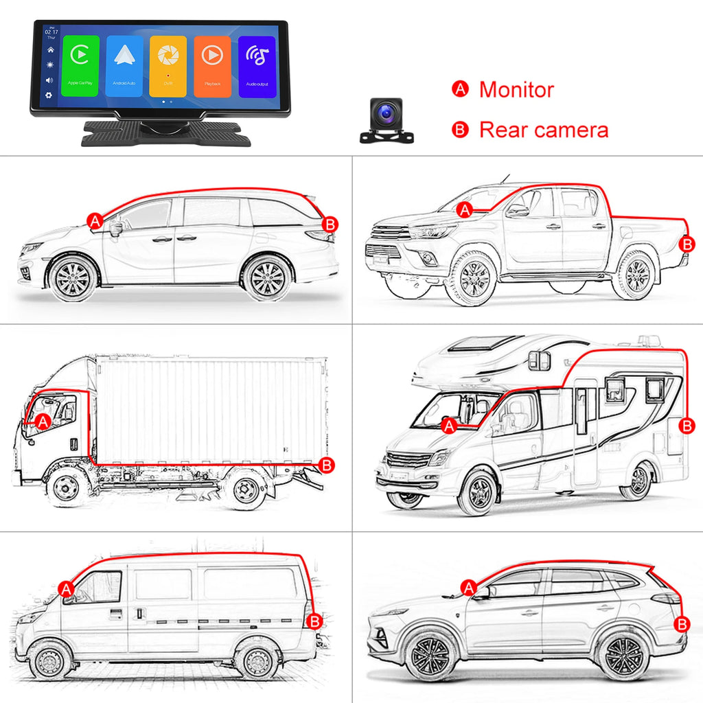 Podofo Wireless Carplay Android Auto Portable Digital Dashboard 10.26 Inch Smart Player With Voice Control Foward Camera BT