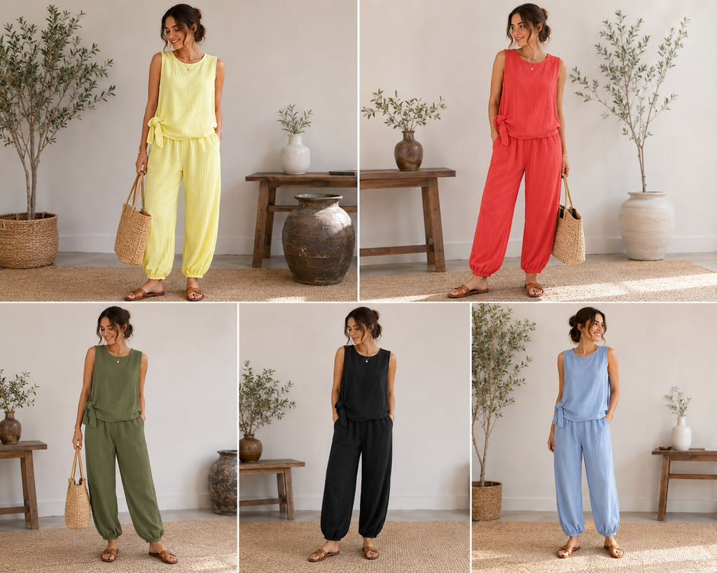 Ladies Sleeveless Side Tie Cheesecloth Trouser Set