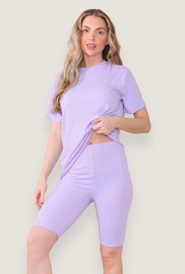 Women's Oversized T-Shirt & Cycling Shorts Ribbed Co-Ord Set