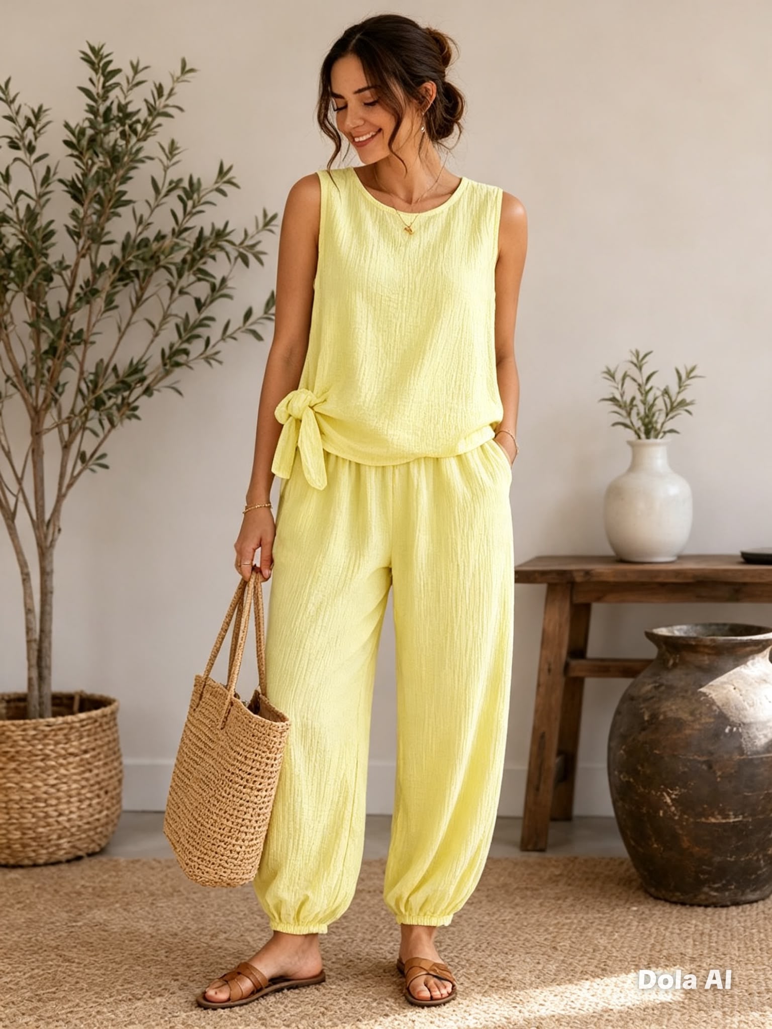 Ladies Sleeveless Side Tie Cheesecloth Trouser Set