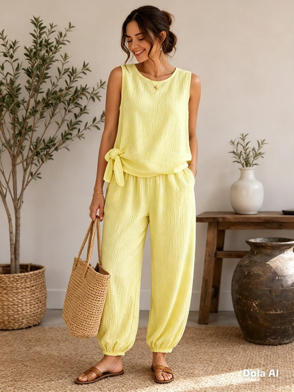 Ladies Sleeveless Side Tie Cheesecloth Trouser Set