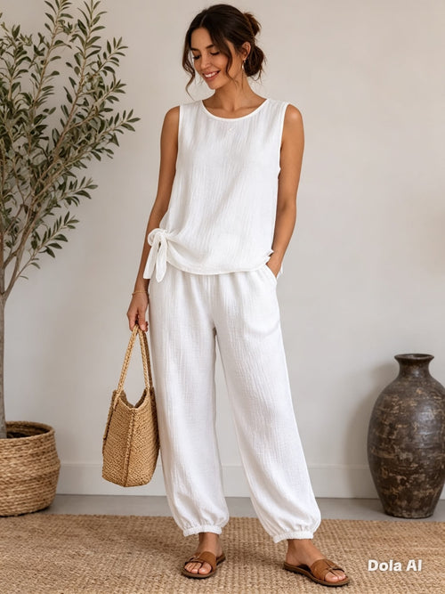 Ladies Sleeveless Side Tie Cheesecloth Trouser Set