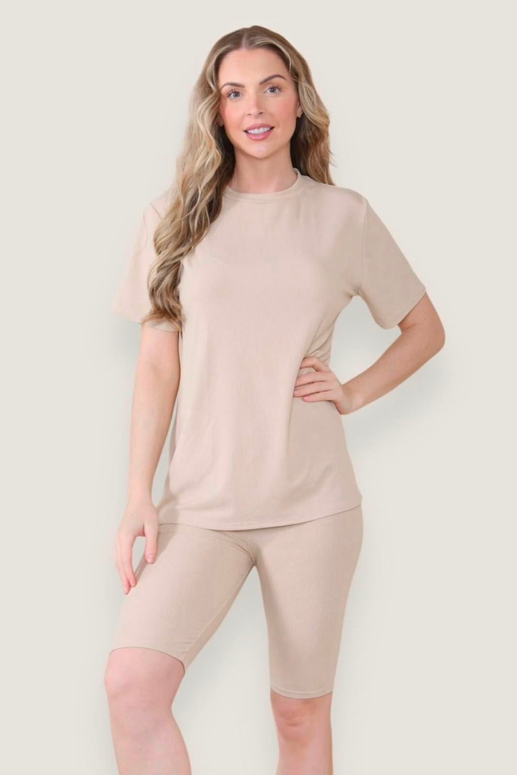 Women's Oversized T-Shirt & Cycling Shorts Ribbed Co-Ord Set