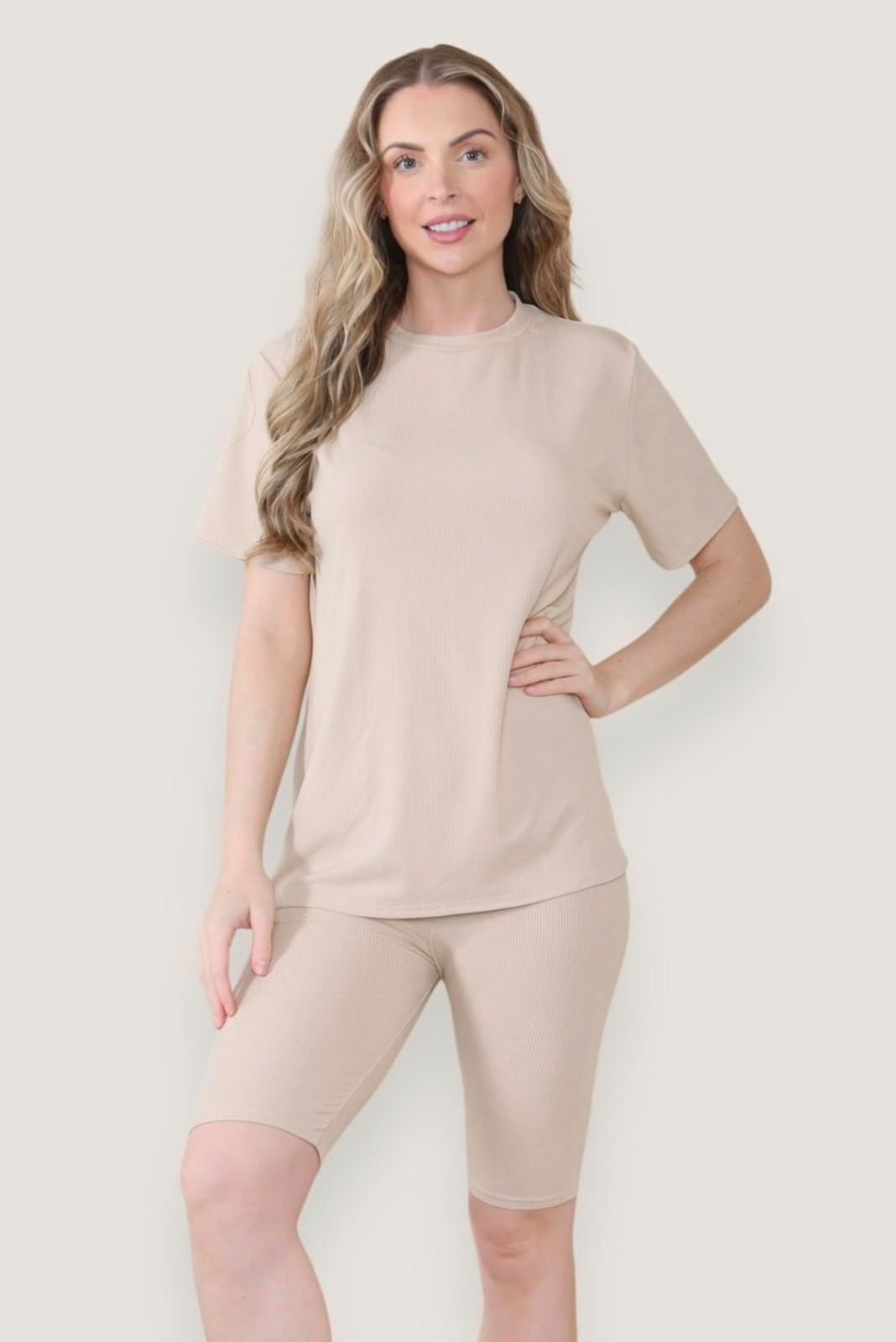 Women's Oversized T-Shirt & Cycling Shorts Ribbed Co-Ord Set