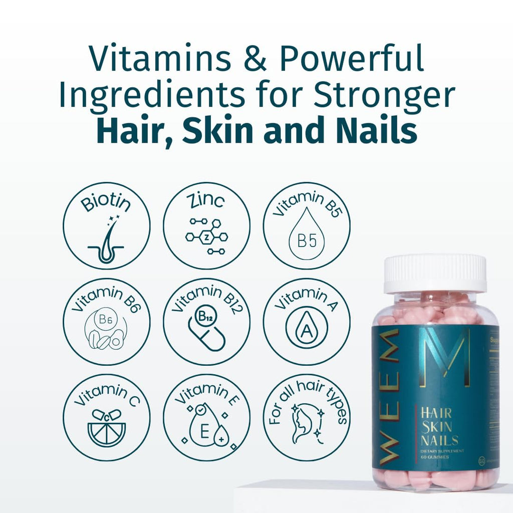 WEEM Hair Skin and Nails Gummies - Supports Healthy Hair - Vegan biotin Vitamins for Women & Men Supports Faster Hair Growth, Stronger Nails, Healthy Skin, Extra Strength (1)